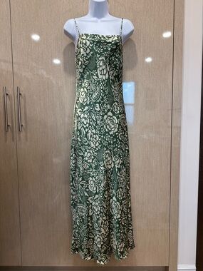 ZARA Elegant Green White Floral Slip Dress Satin Midi Dress